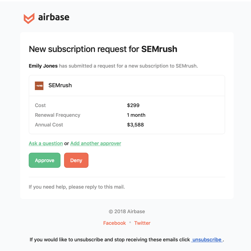 An example expense approval request email