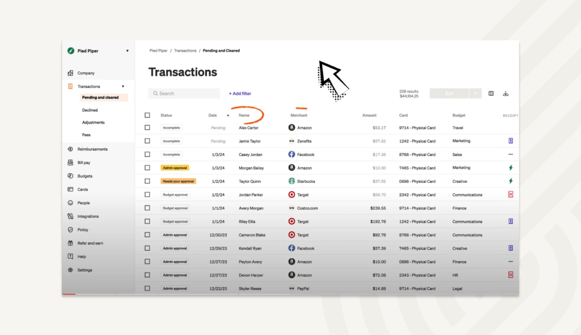 BILL dashboard with a complete view of all transactions