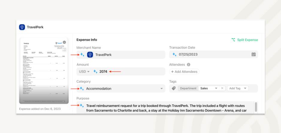 Airbase AI automatically populates data from the uploaded receipt