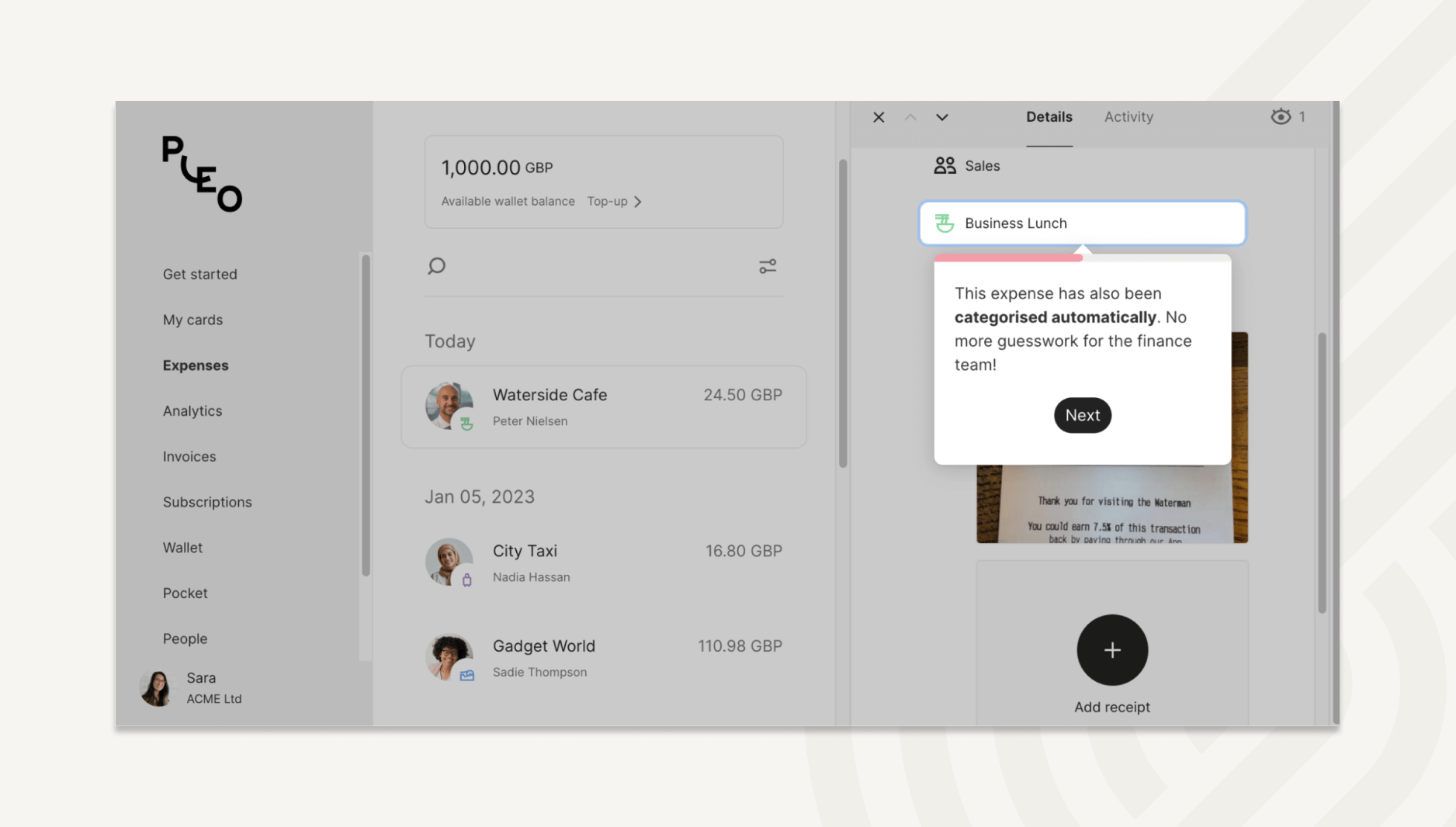 Pleo automatically categorizes expenses