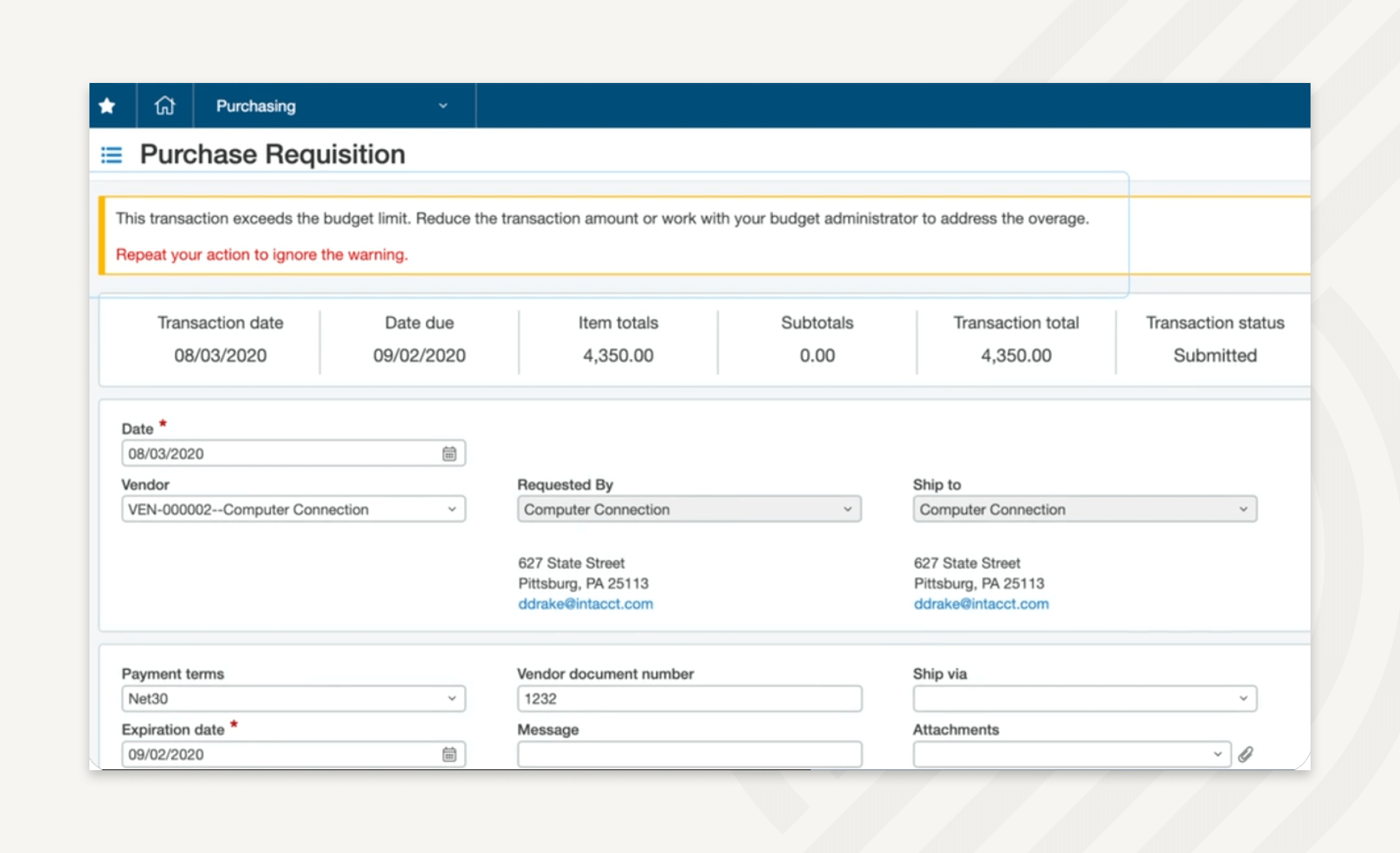 Intacct - Purchase requisition with built-in compliance