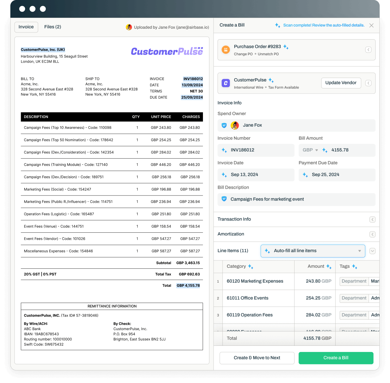 Screenshot of AI-powered OCR bill creation